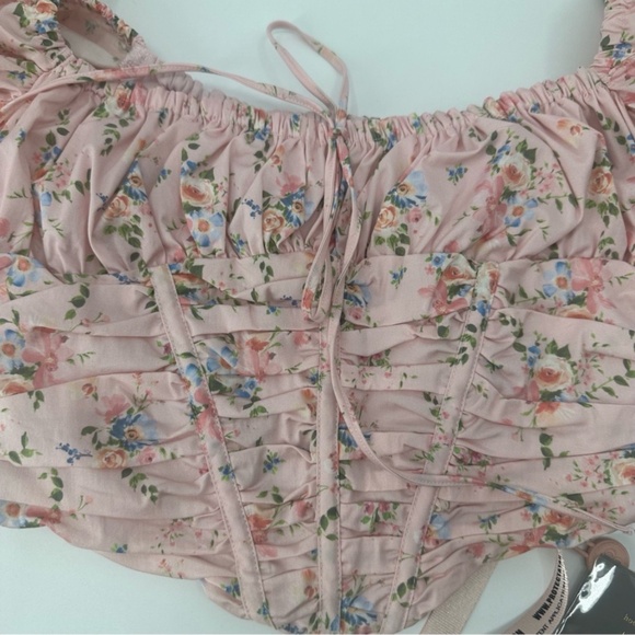 House of CB GRACIE PINK FLORAL PUFF SLEEVE CORSET TOP Size Large New with Tag - Picture 9 of 16